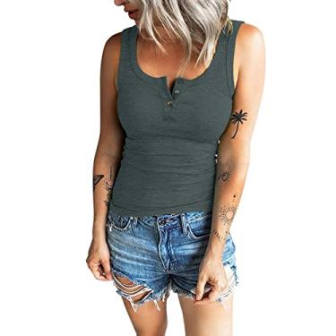 Imagem de Regatas femininas de malha canelada camiseta floral sem mangas gola V camiseta casual verão roupas abotoadas camiseta colete, Cinza 1, M