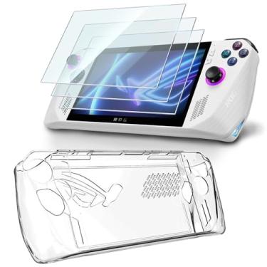 Imagem de HUADU Protetor de tela (3 + 1 pacote) compatível com ASUS ROG Ally Handheld 17.8 cm 2023, filme de vidro temperado antiarranhões de alta definição e capa protetora de alça TPU transparente