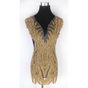 Imagem de Labellezalady Corpete com contas pequenas de strass dourado com aplique em V para festa nupcial desfile de moda vestido de formatura (dourado-F2201)