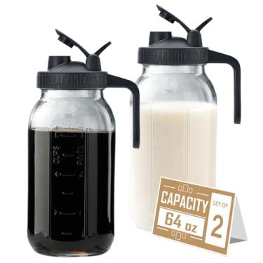 Imagem de Jarra de vidro de 1,8 l com tampa – Jarra de 2 litros com bico, recipiente de leite à prova de vazamento para geladeira, jarro de água de boca larga fácil de limpar, suco, chá, café gelado, bebidas e bebidas