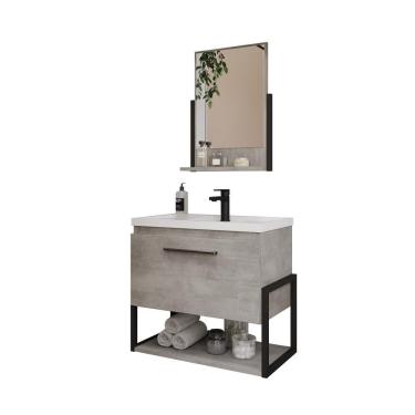 Imagem de Kit Gabinete Para Banheiro Com Lavatório E Espelho Metalo MDF Metalon Cimento MGM Móveis 60com