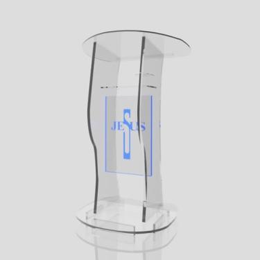 Imagem de Púlpito em Acrílico para Igreja e/ou Eventos com Gravação e Led grátis Mod. Jonas Transparente (Tradicional, Moderna ou Sem Gravação) Cores em Led. (Grav. "Jesus" Moderno, LED AZUL)