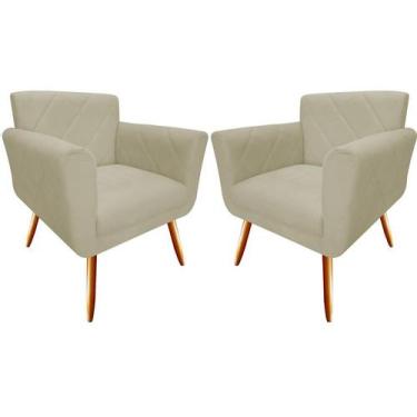 Imagem de Kit 2 Poltronas Decorativa Sabrina Couro Bege Pés Madeira Ms Decor - M