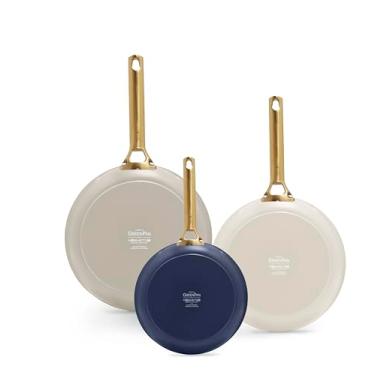 Imagem de GreenPan Reserve – Conjunto de frigideiras de 3 frigideiras anodizadas saudáveis, 20,3 cm, 25,4 cm e 30,5 cm, cabo dourado, livre de PFAS, adequado para indução, pode ser lavado na lava-louças, seguro
