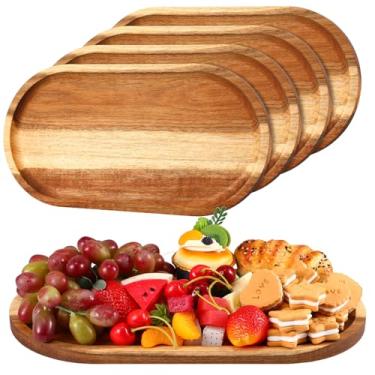 Imagem de Yaomiao 4 peças de bandeja de madeira de acácia de 35,5 cm, placas de madeira rústica, formato oval, grande, bandeja decorativa de madeira natural, travessa de servir de madeira para alimentos, charcutaria, queijo, pão, frutas, cozinha