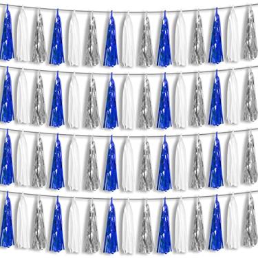 Imagem de Hysilla 4P Azul Marinho Branco-Prata Franja de Folha Metálica Borla Guirlanda Banner, Borlas Banner Streamers para Carros Alegóricos, Despedida de Solteira, Casamento, Aniversário, Halloween, Decoraçõ