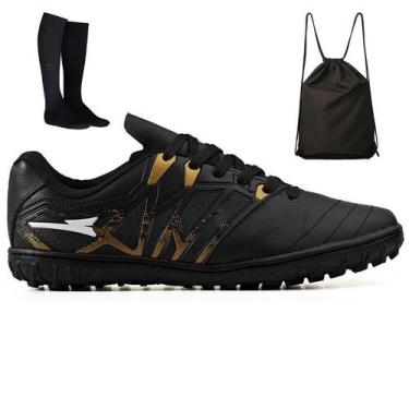 Imagem de Kit Chuteira Futebol Society Bico em Couro Campo Grama Sintetica + Moc