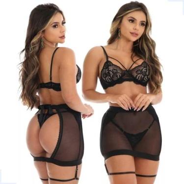 Imagem de Conjunto Lingerie Sensual Sexy 3 Peças Com Calcinha Saia em Tule - Aun