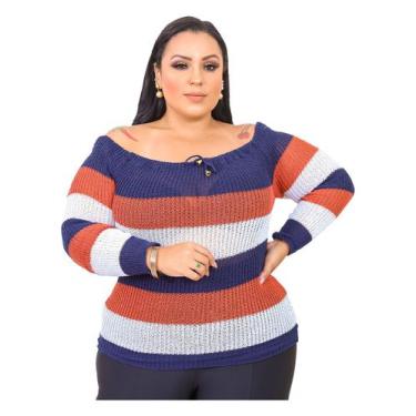 Imagem de Blusa Tricot Plus Size Feminina Frio Listras Moda Inverno - PLUS MESMO
