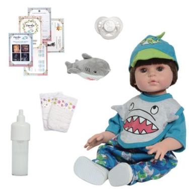Imagem de Bebê Tipo Reborn Boneco Masculino Tubarão Pode Dar Banho - Cegonha Reb