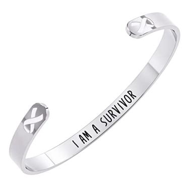 Imagem de Happy Kisses Pulseira de conscientização do câncer de pulmão - fita branca, "I Am A Survivor" - presente para mulheres, One Size, Metal, Não conhecido