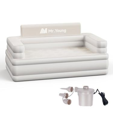 Imagem de Mr.Young Sofá inflável para casa e exterior | Sofá de ar soprado | Superfície aveludada | Bomba de ar incluída | Válvula 2 em 1 | Sofá dobrável portátil | 152 cm x 83 cm x 86 cm | Duplo