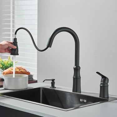 Imagem de Torneira de pia de cozinha retrátil com dispensador de sabão, alça única, furo duplo, montagem no deck, misturador de água fria e quente, torneira de bancada, preto fosco