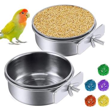 Imagem de Hamiledyi Copos de alimentação de papagaio, prato de comida de pássaros, periquito de aço inoxidável, tigelas de água para alimentos, suporte de prato e suporte de frutas e legumes, bola de mastigar para periquito romântico (5 peças)
