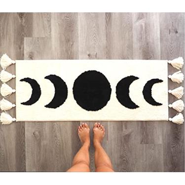 Imagem de Evovee Tapete de meia lua Boho conjunto de tapetes de banheiro fases da lua tapete de banho com borlas corredor boêmio decoração do quarto banheiro quarto chuveiro hippie bruxa decoração boho tapete de área bege creme acastanhado preto branco