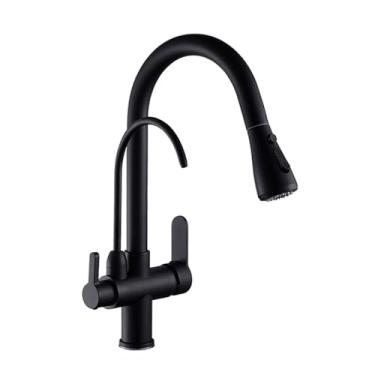 Imagem de Torneira de cozinha com filtro, latão níquel escovado, torneira de cozinha com água pura, estilo pull out, torneira de cozinha giratória, quente e fria, preto fosco
