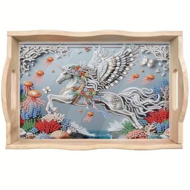 Imagem de ShuoBeiter DIY Diamond Art Tray with Handle Diamond Art Painting Plate Creative Design Handmade Wooden Tray Mosaic Making 7.8x11.8 Inches（S21)