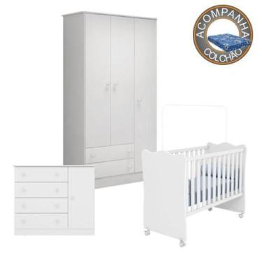 Imagem de Quarto de Bebê Berço c/Rod Colchão Physical Guarda Roupa Cômoda Doce S
