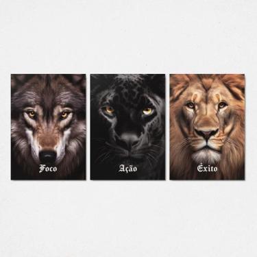 Imagem de Quadros Leão Pantera Lobo Foco Ação Exito 3 Peças 28x40cm - CAMALEÃO D