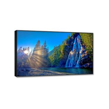 Imagem de Pintura em cascata arte de parede em tela - nascer do sol, árvores, cachoeira, natureza paisagem impressão em tela grande arte pronta para pendurar arte de parede para sala de estar decoração de