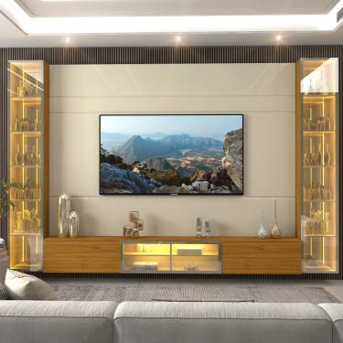 Imagem de Estante Home para TV até 85 Polegadas com 2 Cristaleiras LED e Vidro Reflecta 5 Portas em MDF Luminare Gelius - Off White/Naturale