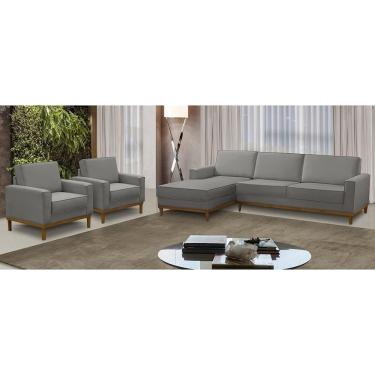 Imagem de Kit Sofá 3 Lugares 2,60m com Chaise le e 2 Poltronas Living Gabi Linho Cinza Madelina Decor