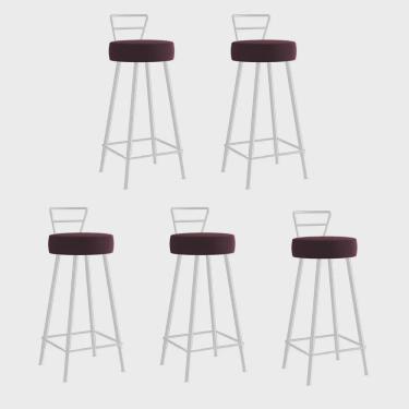 Imagem de Kit 05 Banqueta Alta Com Encosto Tina Eiffel Cozinha Bar Bistrô Ferro Branco Suede Bordô - Ahazzo Móveis
