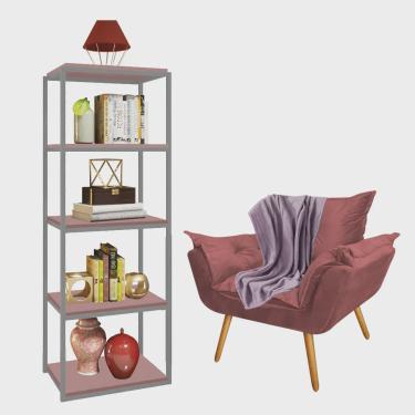 Imagem de Kit Poltrona Fatte com Manta Soft Lilás e Estante Livreiro Ferro Prata mdf Rose Suede Rose Gold - Ahz Móveis
