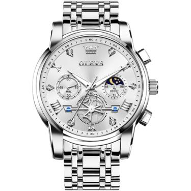 Imagem de OLEVS Relógio masculino executivo com mostrador diurno, mostrador verde/preto/branco/azul, volante multifunções luminoso, relógio de pulso masculino de aço inoxidável, G2856 - todo prateado, round