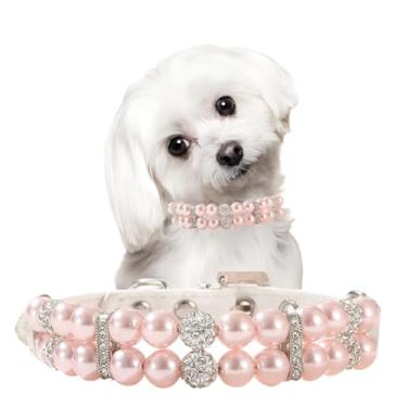 Imagem de Coleira de pérola rosa para cães pequenos, coleira de gato de pérola chique de cristal para meninas filhotes de cachorro colar de contas de luxo diamante joias para animais de estimação PPP PP pequeno