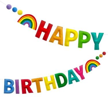 Imagem de Faixa colorida pré-amarrada feliz aniversário feltro bola de lã guirlanda arco-íris feliz aniversário guirlanda multicolorido decoração festa aniversário sinal para mulheres crianças festa adereço