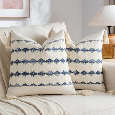 Imagem de Fancy Homi Conjunto de 2 capas de almofada decorativas vintage azul empoeirado 50 x 50 cm para sofá-cama, poltrona, quarto, capa de almofada quadrada retrô rústica com borlas, decoração de sala de