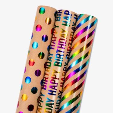 Imagem de MAYPLUSS Papel de embrulho de aniversário, papel de embrulho kraft, papel de embrulho de feliz aniversário arco-íris com pacote de listras de bolinhas para festas infantis, feriados, todas as ocasiões