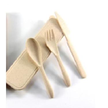 Imagem de Conjunto De Talheres Fibra de Trigo Estojo Colher Garfo Faca Reutilizável - MELLUZ (Palha)