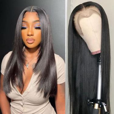 Imagem de Perucas transparentes de cabelo humano liso HD lace frontal 13x4 Perucas de cabelo humano liso linha do cabelo natural com cabelo de bebê pré-arrancado 180% densidade perucas de cabelo humano virgem brasileiro para mulheres negras 40,6 cm