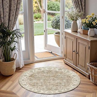 Imagem de jinchan Tapete redondo de 1,2 m - interior vintage círculo de corredor 1,2 m lavável - Ultra-fino de pelo baixo macio pequeno antiderrapante estampa floral envelhecida para sala de estar, sala de