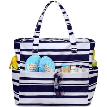 Imagem de Sacola de praia à prova d'água para mulheres, mulheres, extragrande, bolsa de ginástica, bolsa de mão com compartimento molhado para viagens de fim de semana, Listras azuis e brancas, X-Large, E2032