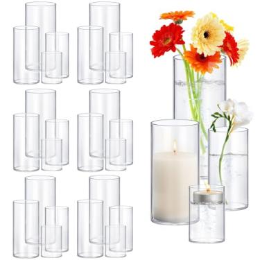 Imagem de Pacote com 24 vasos cilíndricos de vidro espesso, 11, 12, 12 cm de altura, transparente, porta-velas flutuantes, para mesa central, casamento, decoração de casa