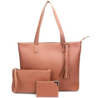 Imagem de Kit Bolsa Feminina Couro Sintético Sacola Grande Alça de Ombro Necessaire e Porta Cartão Slim-Feminino