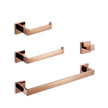 Imagem de Conjunto de banheiro em ouro rosa - prateleira de parede e barra de toalha - suporte para papel higiênico e ganchos para roupão em aço inoxidável, conjunto de 4 peças