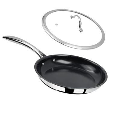Imagem de Frigideira de cerâmica antiaderente de 30,5 cm com tampa – livre de PFOA e PTFE, segura para forno e grelha – estrutura grossa de 4 camadas de 2,5 mm, cabo antiqueimadura para todos os fogões (indução