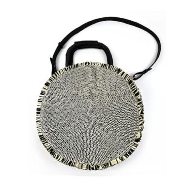 Imagem de SHAREYOIU Bolsa feminina redonda de palha retrô bolsa de ombro natural bolsa de praia, Preto