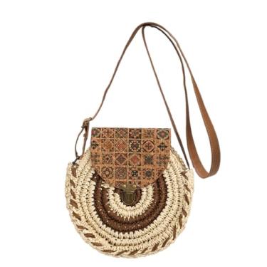 Imagem de SHAREYOIU Bolsa feminina Boho feita à mão de tecido natural, bolsa redonda de palha de ombro de palha para praia, Café