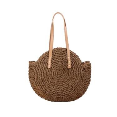Imagem de SHAREYOIU Bolsa feminina redonda de palha, bolsa de ombro, bolsa de praia com alça superior, N° 1 café grande