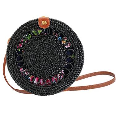 Imagem de SHAREYOIU Candy Colors Bolsas de ombro redondas de vime feitas à mão, estilo praia tropical natural chique com alça de couro, N° 3, círculo preto, Big，7.87x 3.2 inch