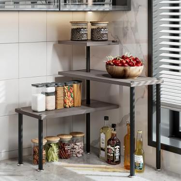 Imagem de Dazioter Organização organizadora de bancada, prateleiras de canto de cozinha de 3 níveis, suporte ajustável para armazenamento de especiarias para banheiro, área de café, sobre a pia (carvalho cinza