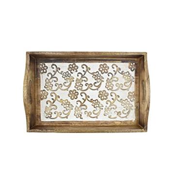 Imagem de Bandeja de servir café da manhã de madeira esculpida à mão com alça para café da manhã, chá, sobremesa | Acessórios de cozinha para jantar | 38 x 25 cm | 2044