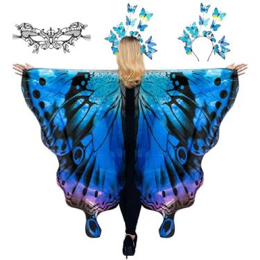 Imagem de cosmisun Fantasia feminina de asas de borboleta - Xale de asa de borboleta de fada azul e roxa com faixa de cabeça, conjunto de máscara preta, fantasia de cosplay para adultos, fantasia de festa de