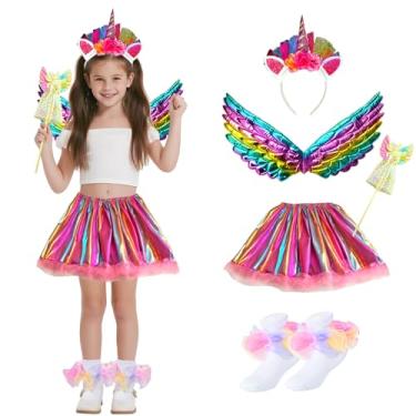 Imagem de WBZOTSS Conjunto de fantasia de princesa unicórnio para meninas, 5 peças, saia tutu com asas, varinha, faixa de cabeça, meias (Cor: E, 8-12 anos)
