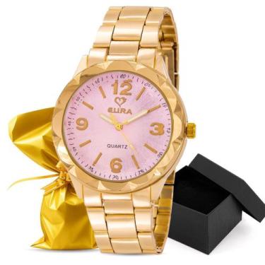 Imagem de Relógio Feminino Eura Metal Dourado Embalagem Presente, Rosa